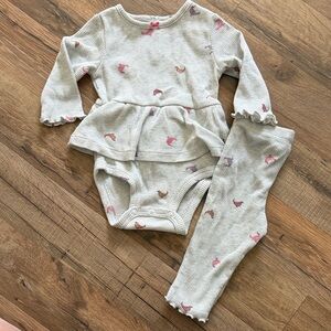 Adorable Waffler Knit Ruffled Baby Outfit with Bird Print
